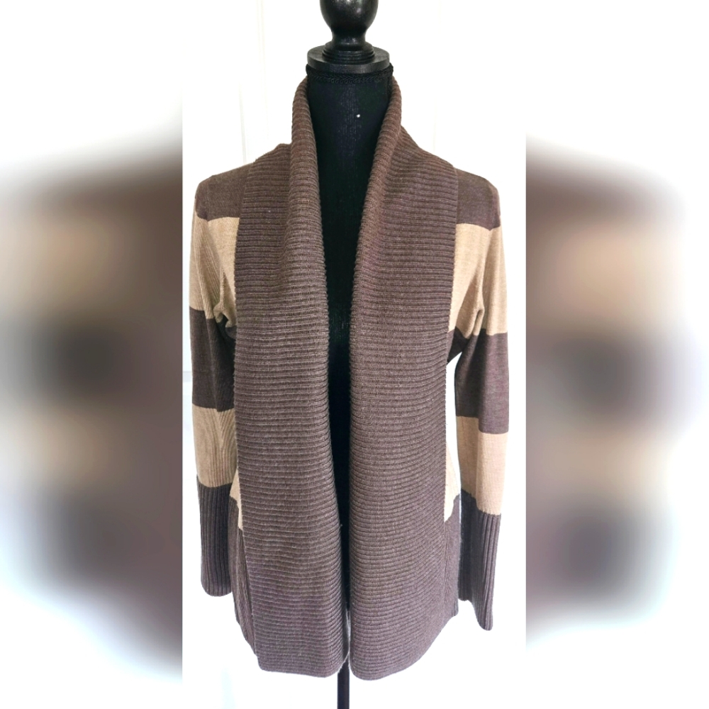 INC Striped Cardigan Taupe Brown & Cream Sz Med
